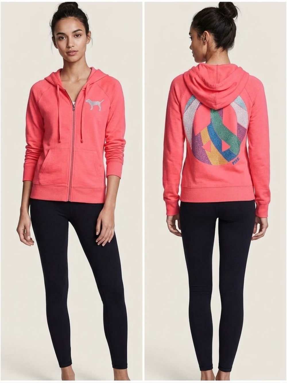 VTG Victoria's Secret PINK Rhinestone Peace Sign Full-Zip Hoodie Pink Sz L